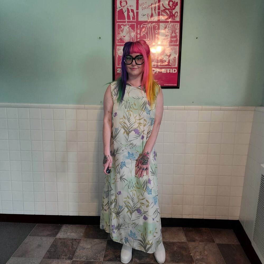Vintage 90s Pastel Green Blue Purple Whimsical Sleeveless Maxi Spring Dress